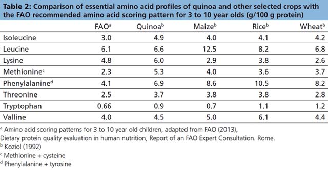 quinoa tabela