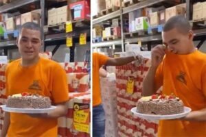 Maicon, rapaz emocionado ao receber bolo de aniversário