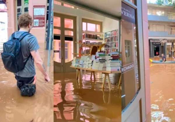 Centro histórico de Porto Alegre foi inundado pelas águas do Rio Guaíba, no Rio Grande do Sul, causando danos à livraria histórica © Divulgação